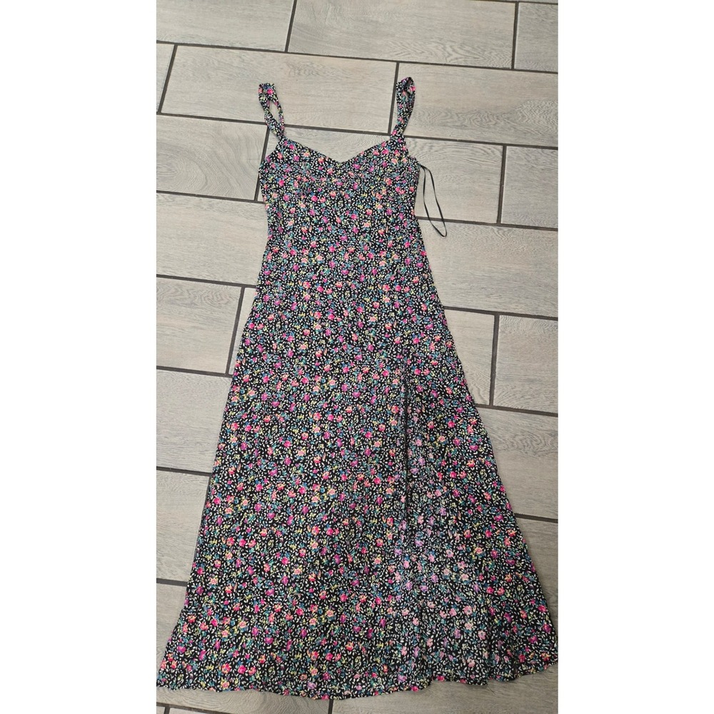 Zara Floral Maxi Dress Black Multicolor V-Neck Smocked Back Side Slit Small